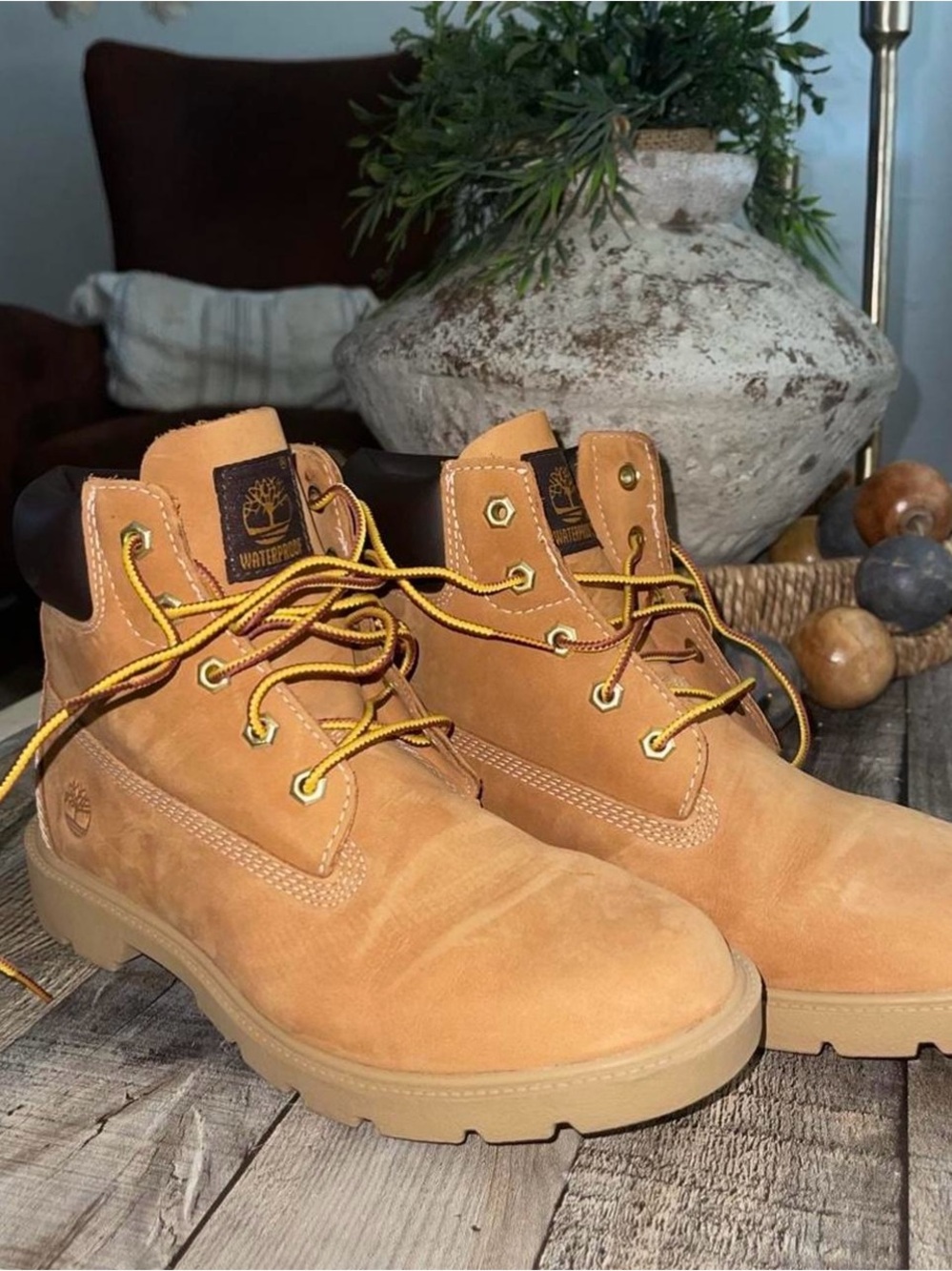Timberland Wheat Nubuck Work Boots with Yellow Laces